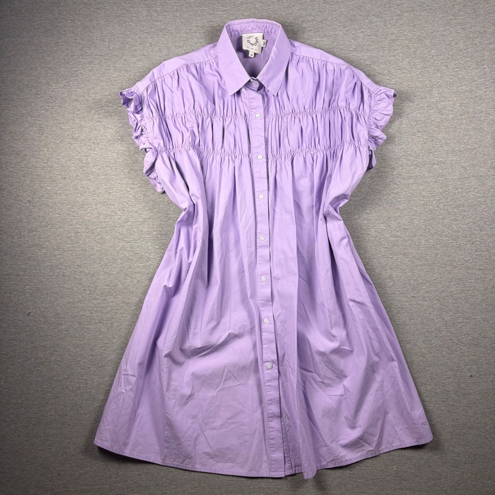 Lili Sidonio Dress Size M Purple Ruffle Smocked Pintuck Cotton Mini Shirt Dress